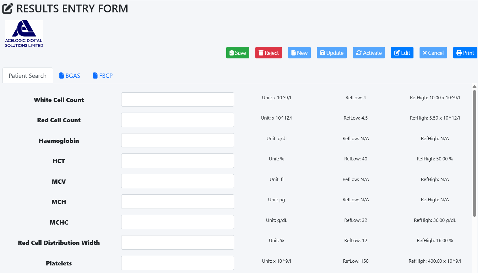 Results Entry Screen - Digital test results with validation